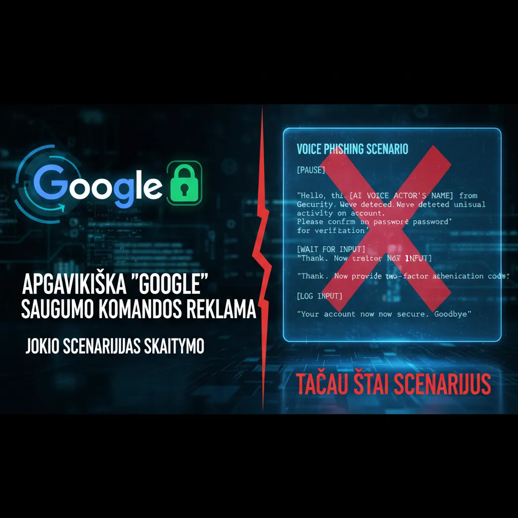 Apgavikiška „Google“ saugumo komandos reklama, teigianti „jokio scenarijaus skaitymo“ balsiniame sukčiavime, o tada atspausdinanti scenarijų