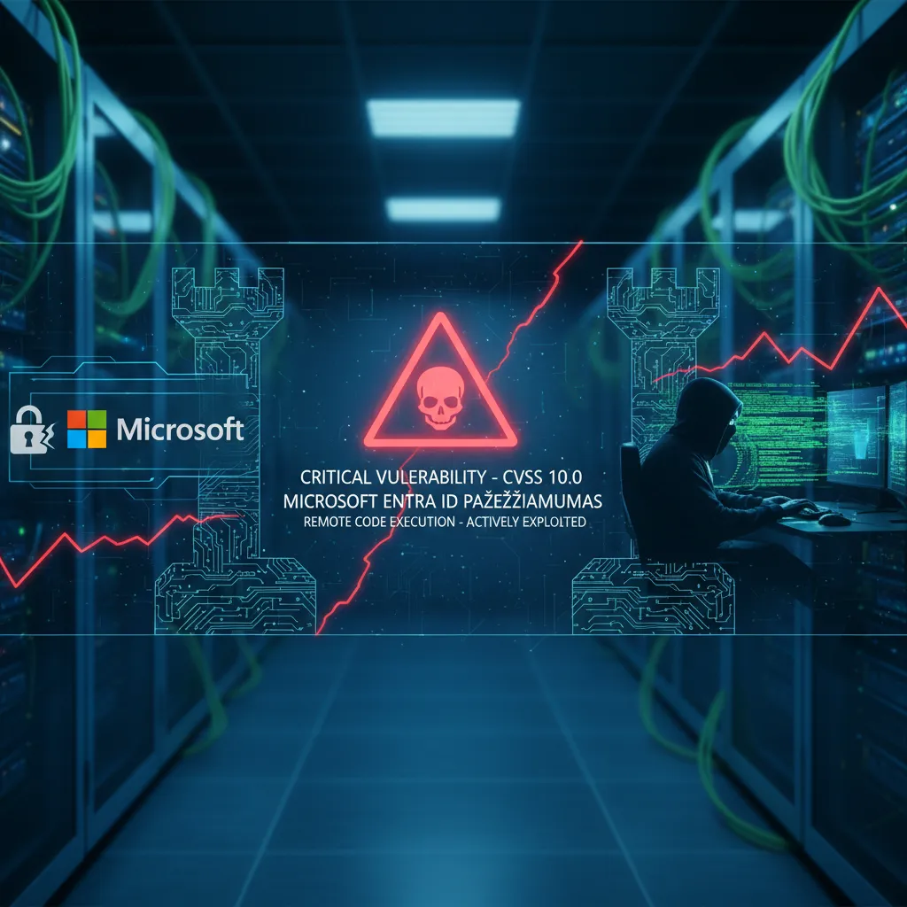 Microsoft Entra ID pažeidžiamumas (CVSS 10.0) išnaudojamas realiuose atakuose, leidžiantis vykdyti nuotolinį kodą